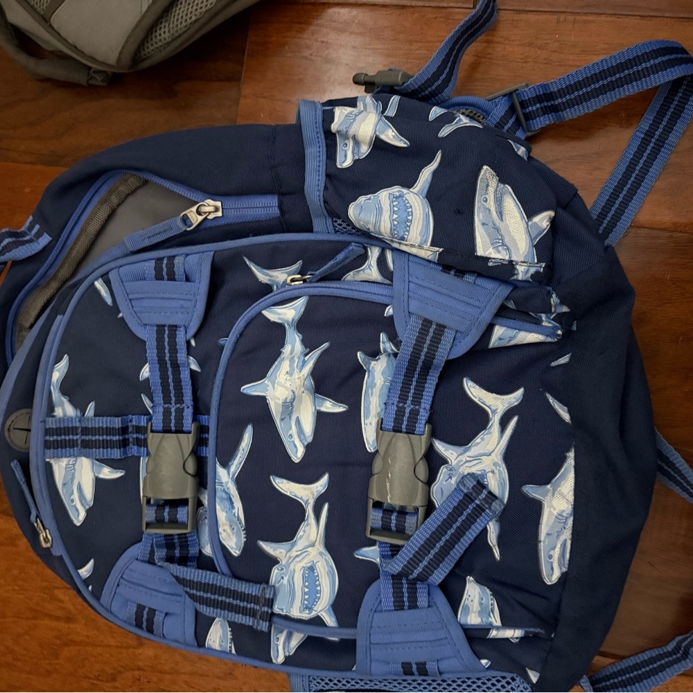 Pottery Barn Kids Blue and Gray Backpack with shark pattern